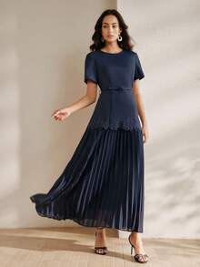 Anewsta 新款优雅圆领短袖连衣裙，褶裥下摆设计，藏蓝色，配有同色腰带 - 藏蓝色 - 查看 6