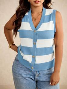 Elaquor Plus Size Sleeveless Knitted Sweater Vest, Fashionable For Summer,Business Casual Woman In Fall/Winter - Blue - View 3