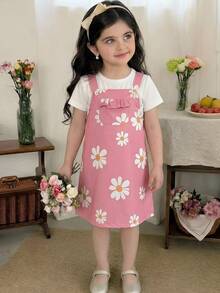 SHEIN 2 chiếc áo liền thân tay ngắn xếp bèo dễ thương in hoa cho bé gái/bé sơ sinh - Hồng - Xem 2