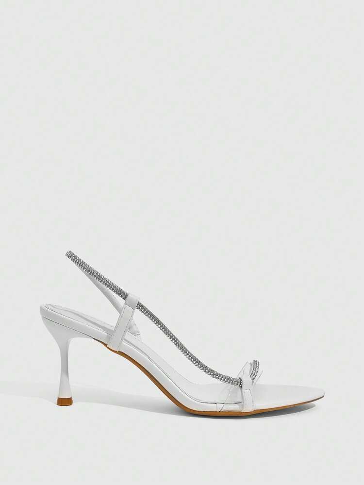 CUCCOO SZL Women Shoes Pointed Slender Heels White Rhinestone Strips Back Ankle Strap Open Toes Sexy Fashion Gorgeous Dresses Banquet Party Nightclub Women High Heels Sandals