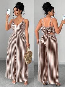 Elenzga Bộ jumpsuit nữ cỡ lớn thời trang thường ngày kẻ sọc hoa văn, cạp chun, dây mảnh, lưng hở, thắt nơ, thích hợp cho mùa xuân/hè, đi học, nghỉ lễ, tốt nghiệp, Ngày lễ tình nhân, Giáng sinh, lễ hội âm nhạc, Ngày của Mẹ, Halloween, Lễ Tạ ơn, Lễ Phục sinh, Ngày Quốc khánh, dạ hội, sinh nhật, tiệc hẹn hò, mùa cưới, dã ngoại. - Cà phê nâu - Xem 1
