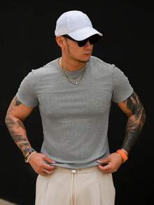 DAZY 男士修身纯灰色短袖T恤 - 灰色 - 查看 6