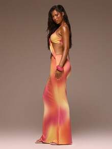 MUSERA Gold Trim Detail Cut Out Slinky Ombre Maxi Dress Girly Spring Summer Vacation Night Out Cute Occassion Golden Sands - Multicolor - View 4