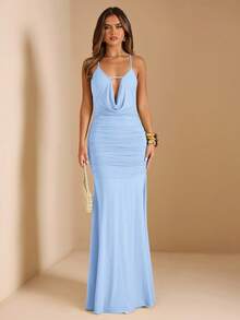 SHEIN BAE Đầm nữ màu xanh lá cây trơn, dây mảnh, eo nhún, lưng hở, thích hợp cho tiệc tùng, kỳ nghỉ, tiệc chiêu đãi, đám cưới, đi chơi tối, hẹn hò lãng mạn. - Màu xanh nhạt - Xem 6