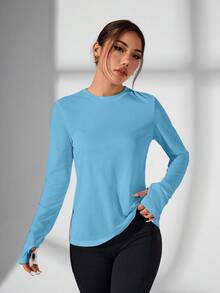 SHEIN Sovereign Charm Áo thun thể thao dài tay tối giản màu trơn, lưng khoét rỗng dành cho nữ, thích hợp cho mùa xuân/thu. - Màu xanh bạc hà - Xem 2