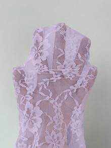 Modelyn 高領透視花卉蕾絲長袖長洋裝，前綁帶蝴蝶結抓皺腰線飄逸長版派對洋裝 - 紫色 - 查看 4