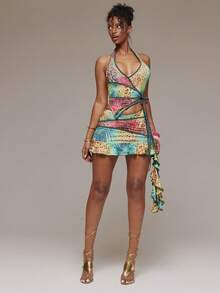 MUSERA 混色花卉动物纹印花撞色滚边修身露背上衣和荷叶边迷你裙套装，春夏伊比沙岛音乐节假日度假可爱性感Y2K夜店热带诱惑 - 彩色 - 查看 3