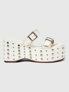 ROMWE Grunge Punk Giày sandal đế xuồng đính kim tuyến, khóa cài nhọn dành cho nữ. - trắng - Xem 4