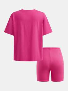 SHEIN Set casual da 2 pezzi per ragazze pre-adolescenti, composto da maglietta larga e pantaloncini skinny, colore magenta - Fucsia - Visualizzare 2