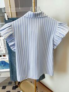 Resyla Áo sơ mi nữ tay ngắn kẻ sọc đen thắt nơ. - Màu xanh lam - Xem 2