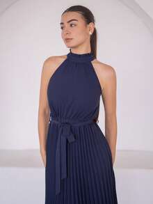 Andrea Bello Valentinstag Damen Kleid mit gerafftem V-Ausschnitt, plissiert, figurbetonter Schnitt & ausgestellter Rock, elegant romantisch - marineblau - Übersicht 6