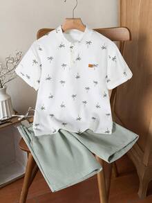 SHEIN Tween Boys' Commuter Casual Textured Striped Fabric Stand Collar Shirt & Striped Shorts 2 Pieces Set, Comfortable & Fashionable - Green - View 8
