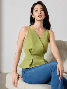Heiryn Women's V-Neck Solid Color Sleeveless Shirt With Asymmetric Hem For Summer, Elegant Design, Sleeveless Tops - Green - View 6