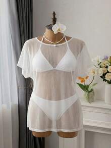 Swim Vcay Plus Size Loose Short Sleeve Mesh Cover-Up For Summer Beach Vacation - White - View 1