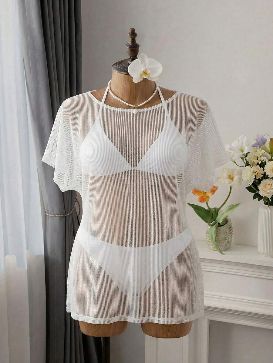 Swim Vcay Plus Size Loose Short Sleeve Mesh Cover-Up For Summer Beach Vacation - White - View 1