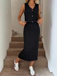 SHEIN LUNE VKing Button Front Vest And Slit Hem Pencil Skirt Set, Solid Color Textured Fabric, Casual Vacation Elegant Outfit For Women, Spring/Summer - Black - View 4
