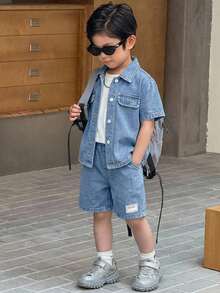 SHEIN Little Byeori 男童夏季休闲时尚街头风日常通勤翻领短袖牛仔衬衫和做旧牛仔短裤套装 - 中等水洗藍 - 查看 5