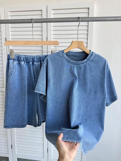 SHEIN 青少年男孩时尚休闲 Y2K 复古酷炫街头蓝色针织牛仔宽松上衣和宽松舒适牛仔短裤，适合儿童日常穿着，也适合春夏派对、节日和街头服饰。