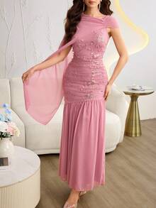 Modelyn Đầm dài nữ thanh lịch màu hồng hoa sen bằng vải chiffon thêu họa tiết phối màu. - Bụi hồng - Xem 7