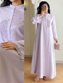 Yasmyna 女士纯色简约长袖阿拉伯风格连衣裙，日常穿着 - 淺灰紫 - 查看 3