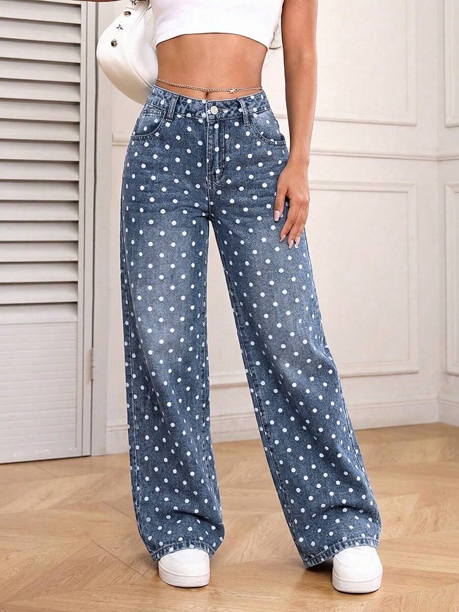 SHEIN PETITE 女款休閒波點印花口袋牛仔褲,小碼女款 - 深色水洗藍 - 查看 1