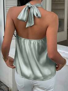 MainGRL Mint Green Satin Halter Neck Backless Blouse For Women, Summer,Summer Top - Mint Green - View 2