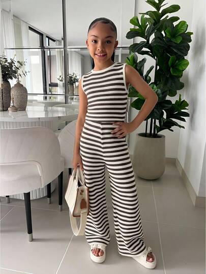 SHEIN 少女时尚休闲度假针织纹理米色条纹宽松吊带背心+阔腿裤两件套，2026春夏新款时尚百搭套装