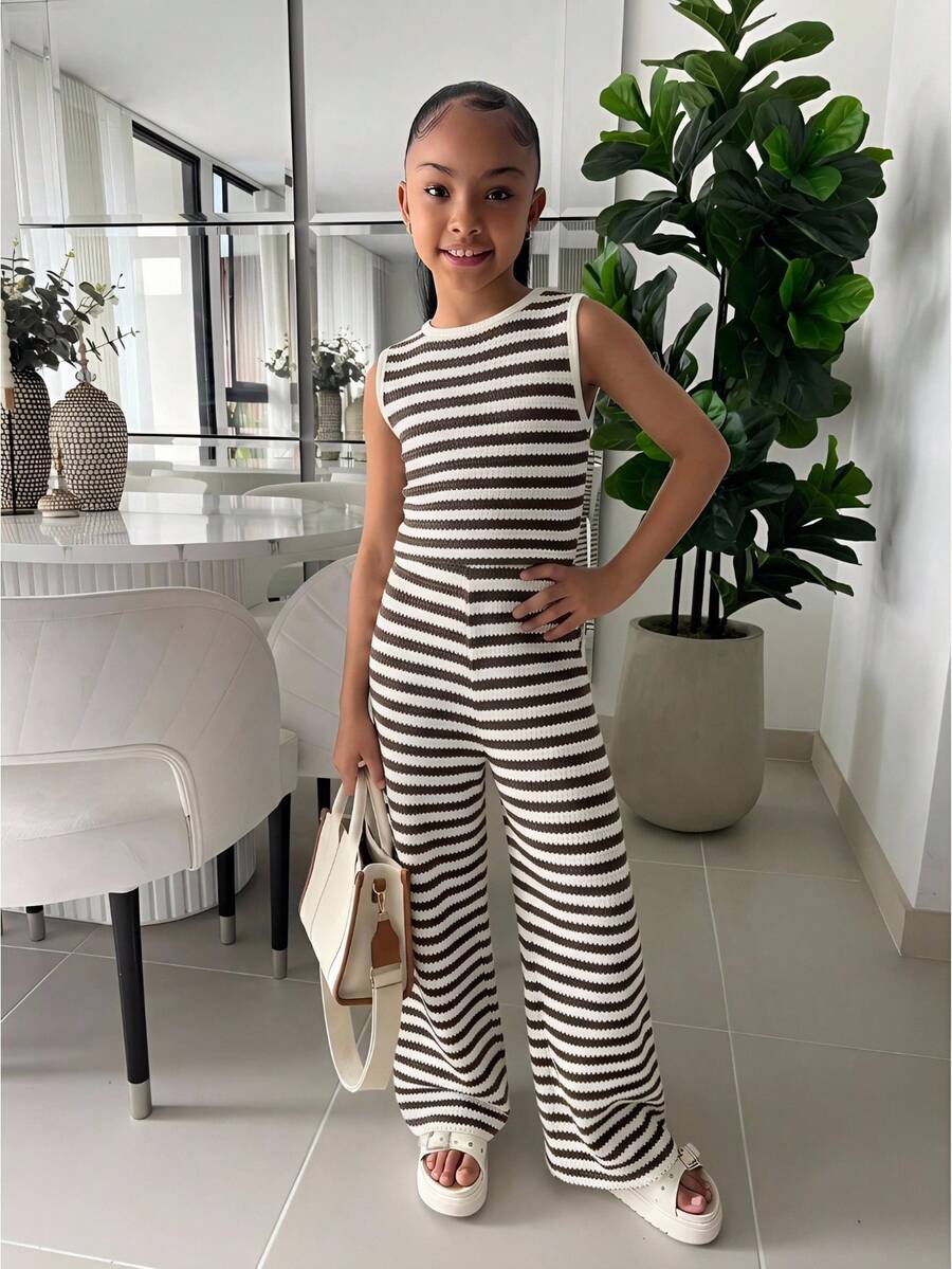 SHEIN 少女时尚休闲度假针织纹理米色条纹宽松吊带背心+阔腿裤两件套，2026春夏新款时尚百搭套装 - 棕色 - 查看 1