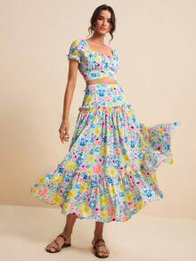 LOTSLUV Set di gonna a 2 pezzi da donna, top corto con spalle scoperte, maniche a sbuffo arricciato ed elastico, con retro annodato, gonna midi a vita alta a-line con balza, outfit da vacanza e festa, set da 2 pezzi per donna, set da 2 pezzi, outfit da vacanza a 2 pezzi, set bohémien estivo a 2 pezzi - Multicolore - Visualizzare 5