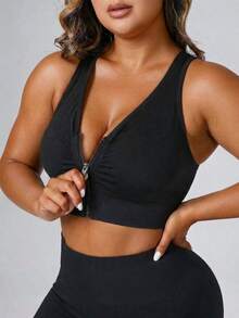 Seamluxe SHEIN Sport Women's Seamless Solid Color Sports Bra, Hollow Back Design, Pleated Zipper Sports Plus Size Bra - Black - View 3