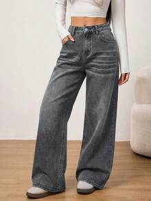 SHEIN PETITE 秋冬女款休閒度假水洗復古寬版米色水洗牛仔緊身牛仔褲，小個女款 - 灰色 - 查看 8