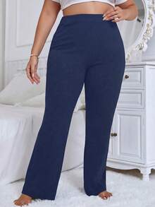 Calvaya Plus Size Solid Color Flared Ribbed Casual Pants Fall Cloth For Women - Navy Blue - View 4