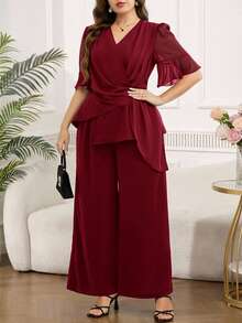 SHEIN Clasi Plus Size Women V-Neck Pleated Top And Wide Leg Pants Casual 2 Pieces Set - Burgundy - View 7