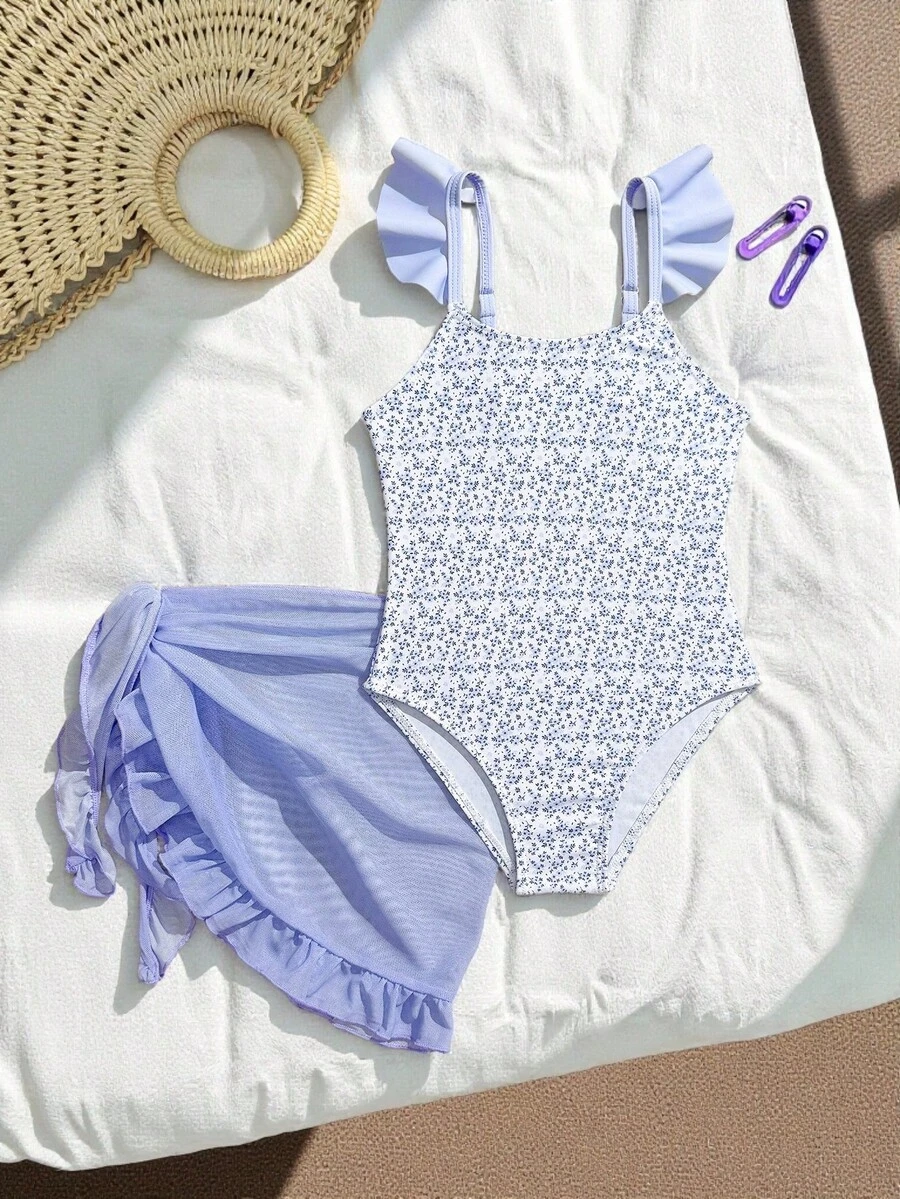 SHEIN Vintaside Kids 女童碎花连体泳衣,荷叶边裙摆,适合游泳、夏季度假、海滩、泳池 - 粉色 - 查看 1