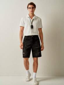 RONVEXI Men's Summer Casual Distressed Denim Shorts Black Jean Shorts Men - Black - View 3