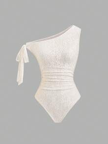 Qadelle Mono con cuello asimétrico, cintura con lazo y pliegues en textura de encaje elegante y romántico para mujeres - Albaricoque - Ver 3