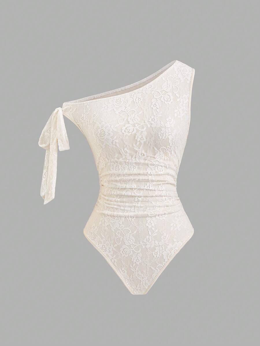 Qadelle Romantic Elegant Lace Texture Fabric Asymmetric Neck Tie Waist Ruched Bodysuit For Women - Apricot - View 1