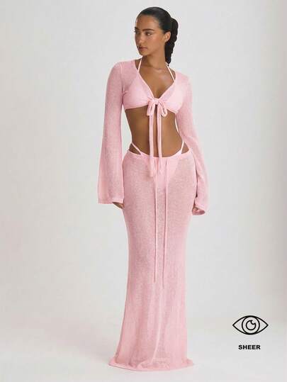 Musera Resort Knit Tie Front Maxi Skirt Cover Up Swim Vacation Holiday Summer Travel Beachwear Basics Solid Colour Resort Core Casual Elegant