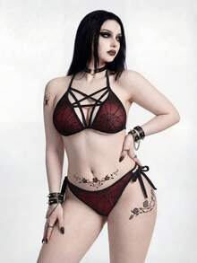 ROMWE Goth Bộ đồ bơi 2 mảnh cỡ lớn dành cho nữ, bikini lưới jacquard gợi cảm cho kỳ nghỉ hè. - Đỏ - Xem 1