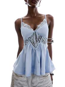 LYSMO Damen hellblau Sommer elegantes Kontrast Spitze Rüschen Saum Camisole Top, Minimalismus Frühling Date Night Festival Party Strand Urlaub Top, Y2K - Beige - Übersicht 6