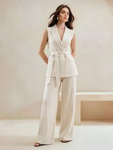 Anewsta Essential Áo vest nữ tối giản thanh lịch, kèm thắt lưng, thích hợp cho đi làm, công sở và đi chơi. - Màu be - Xem 5