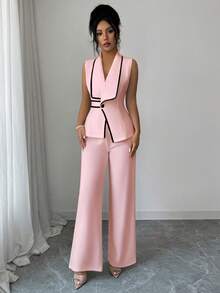 Elenzga Bộ đồ hai mảnh dành cho nữ, gồm áo croptop không tay vạt lệch và quần ống đứng, chất liệu vải dệt, trang phục công sở/đi làm thanh lịch, thích hợp cho mùa xuân/hè. - Hồng - Xem 7