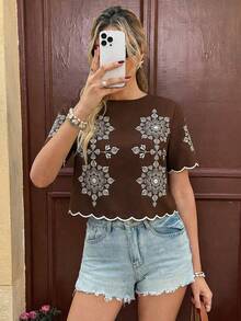 Serisse Áo nữ tay ngắn họa tiết hoa, viền ren, kiểu dáng thường ngày, thích hợp cho kỳ nghỉ hè. - màu nâu - Xem 4