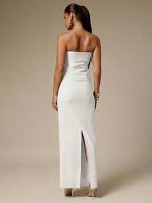 Silquee Women's Solid Color Minimalist Daily Wear Bandeau Top And Skirt 2-Piece Set - White - View 2