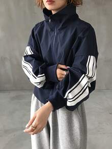FRIFUL Chaqueta de manga larga con hombros caídos, corte holgado y rayas de color contrastante para mujer - Azul Marino - Ver 2