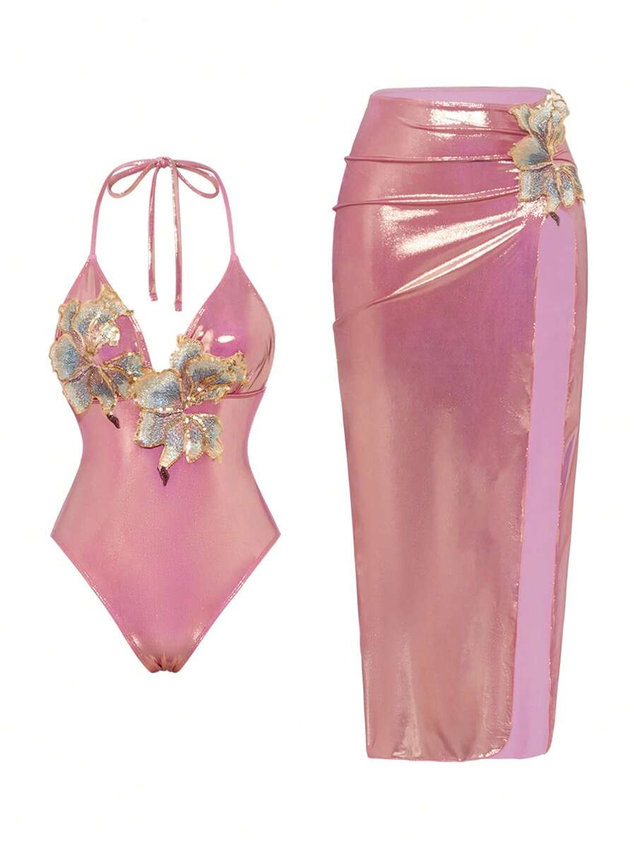 Swim Oasis 新款亮面印花连体泳衣和印花长裙两件套女式泳装套装
