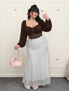 Comfortcana Plus Size Women Lantern Sleeve Lace Patchwork Square Collar Padded Romantic Blouse, Suitable For Dates And Parties, Autumn/Winter - Brown - View 8