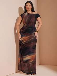 SHEIN BAE Vestido de punto largo con hombro asimétrico y teñido anudado para mujer de talla grande - Multicolor - Ver 7
