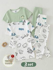 6件/3套幼儿男童可爱卡通恐龙动物印花配套针织短袖上衣和裤子两件套休闲家居服套装 - 彩色 - 查看 3