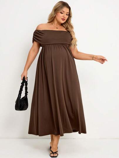SHEIN Plus Size Maternity Clothes Maternity  Dress Summer Pregnant ClothesBrown Dress, Highly Elastic, Comfortable And Casual Elegant Off Shoulder Solid Color Maternity Dress,